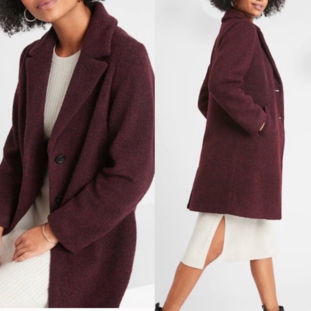 Banana Republic Wool Blend Overcoat Beetroot Burgundy Red heather tweed